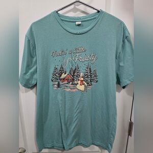 Holiday Mint Green Graphic Christmas T-Shirt with Frosty Winter Scene